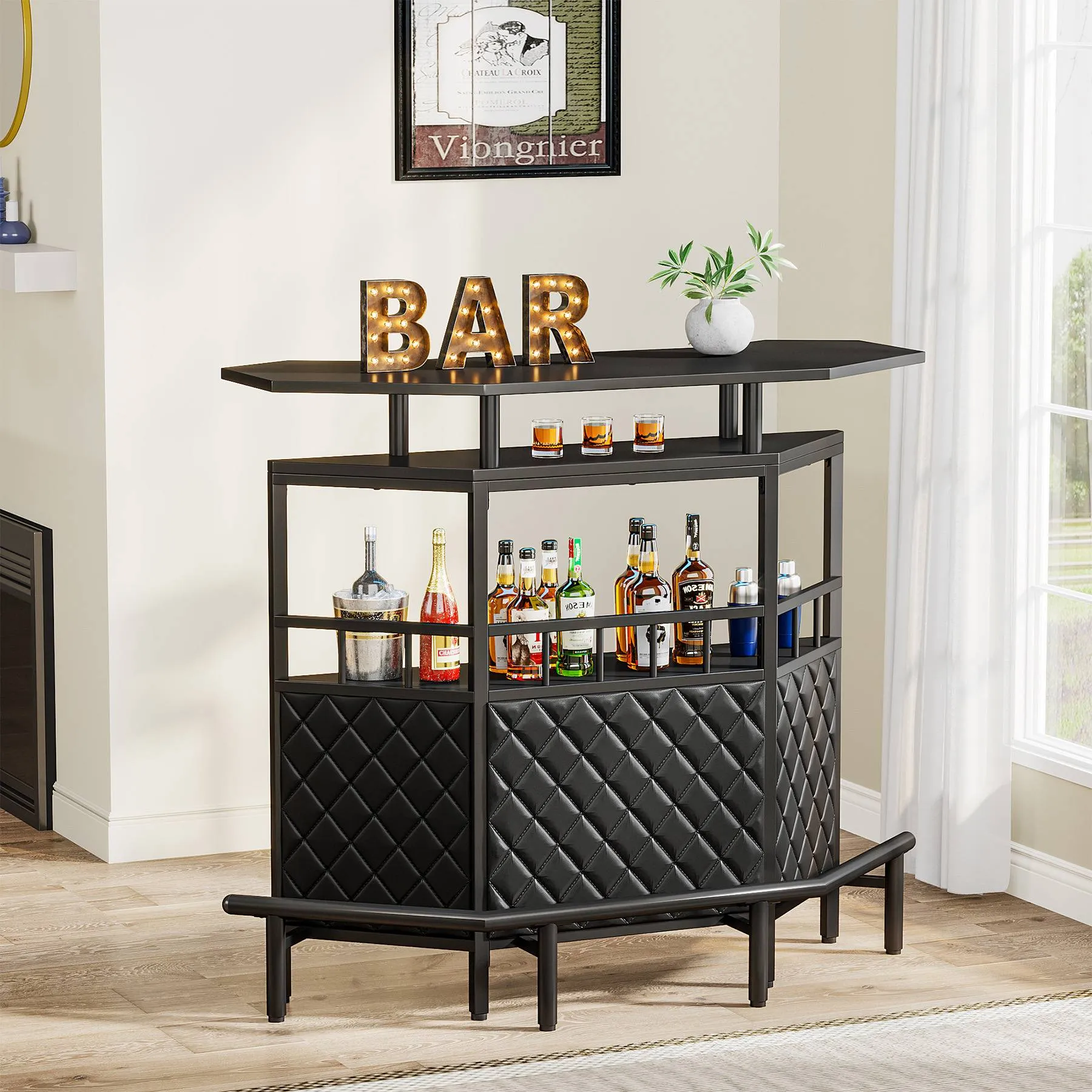 4-Tier Bar Unit, Home Bar Cabinet with Storage Shelves and Footrest