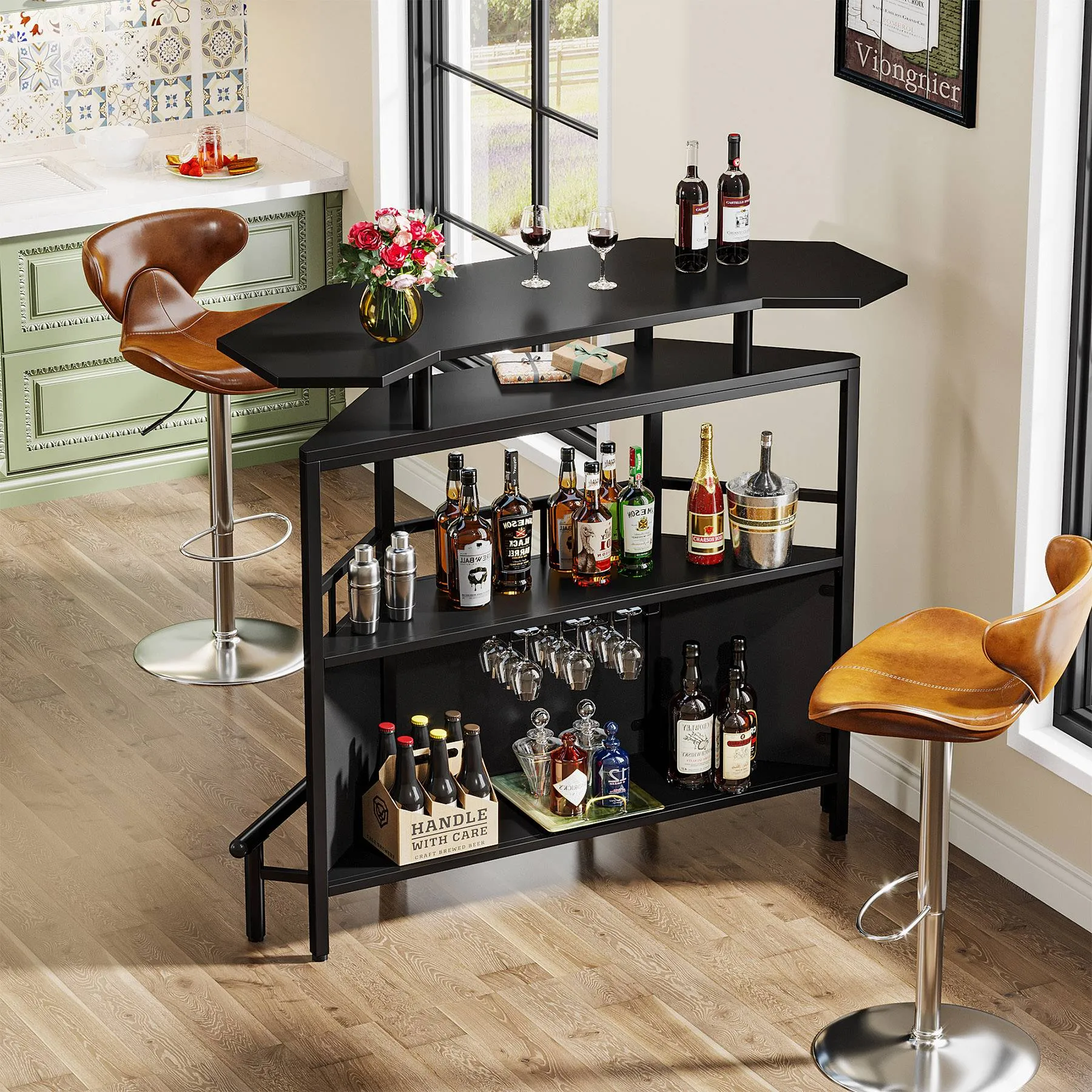 4-Tier Bar Unit, Home Bar Cabinet with Storage Shelves and Footrest