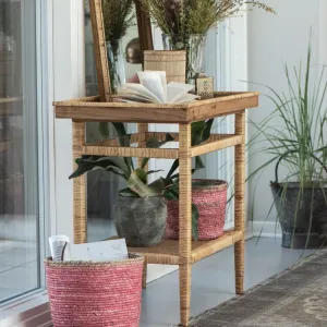 Bamboo and Wood Side Table with One Shelf