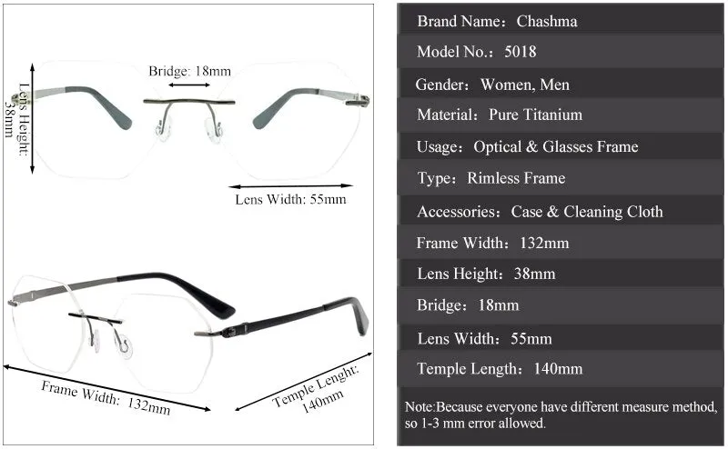 Chashma Ottica Men's Rimless  Polygon Titanium Eyeglasses 5018