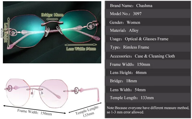 Chashma Ottica Women's Rimless Polygon Round Alloy Eyeglasses Tinted Lenses 007