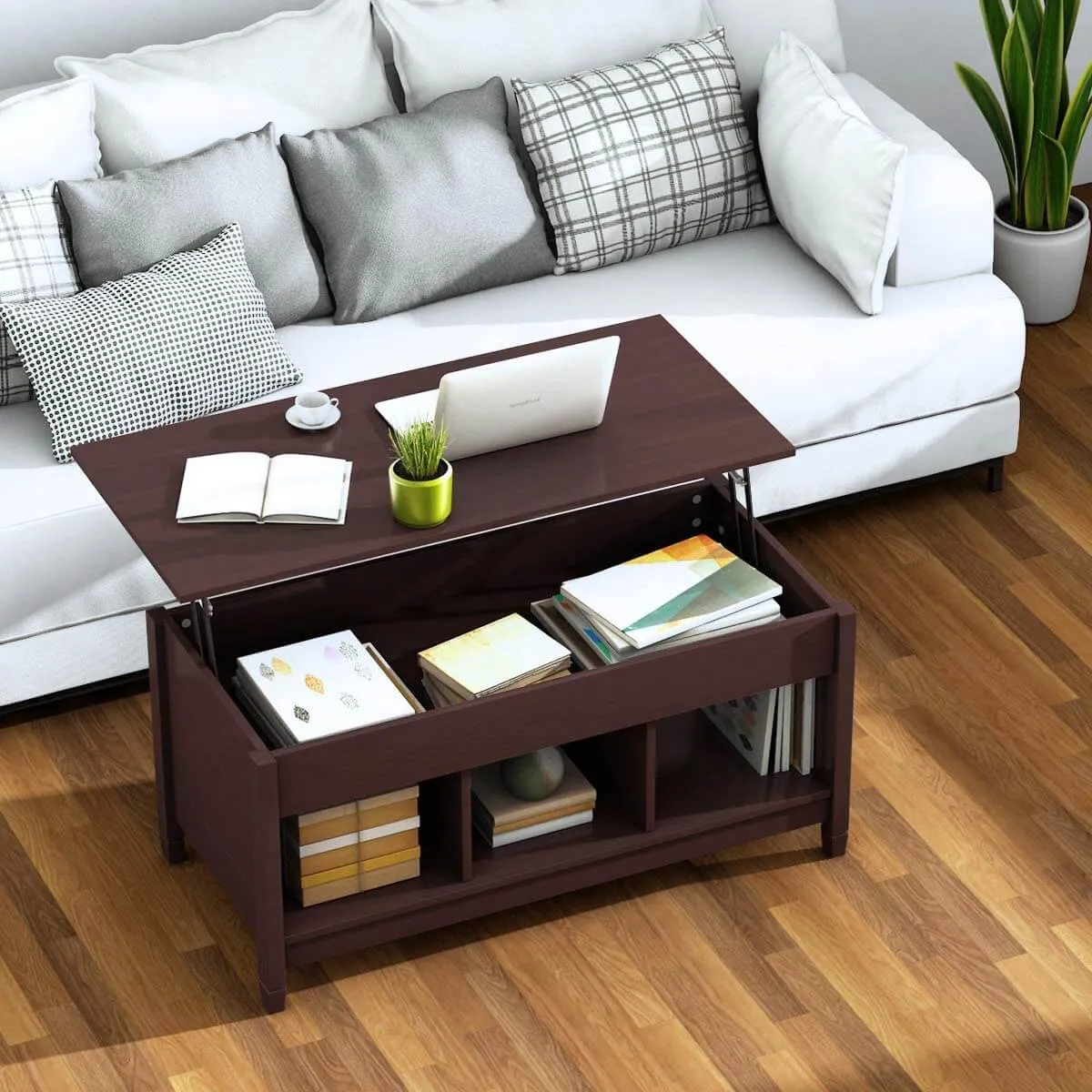 Coffee Table Lift Tabletop Wood Home Living Room Modern Lift Top Storage Brown