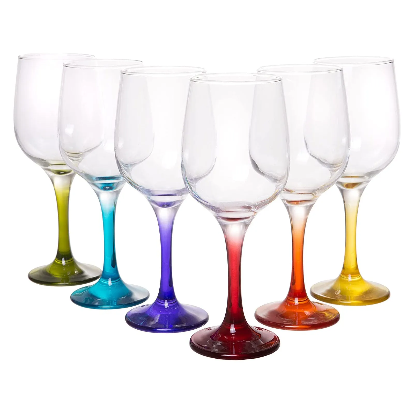 Coral Fame Large Rainbow Wine Glasses, Crystal Clear Barware with Colored Stems, Set of 6, 15 fl oz