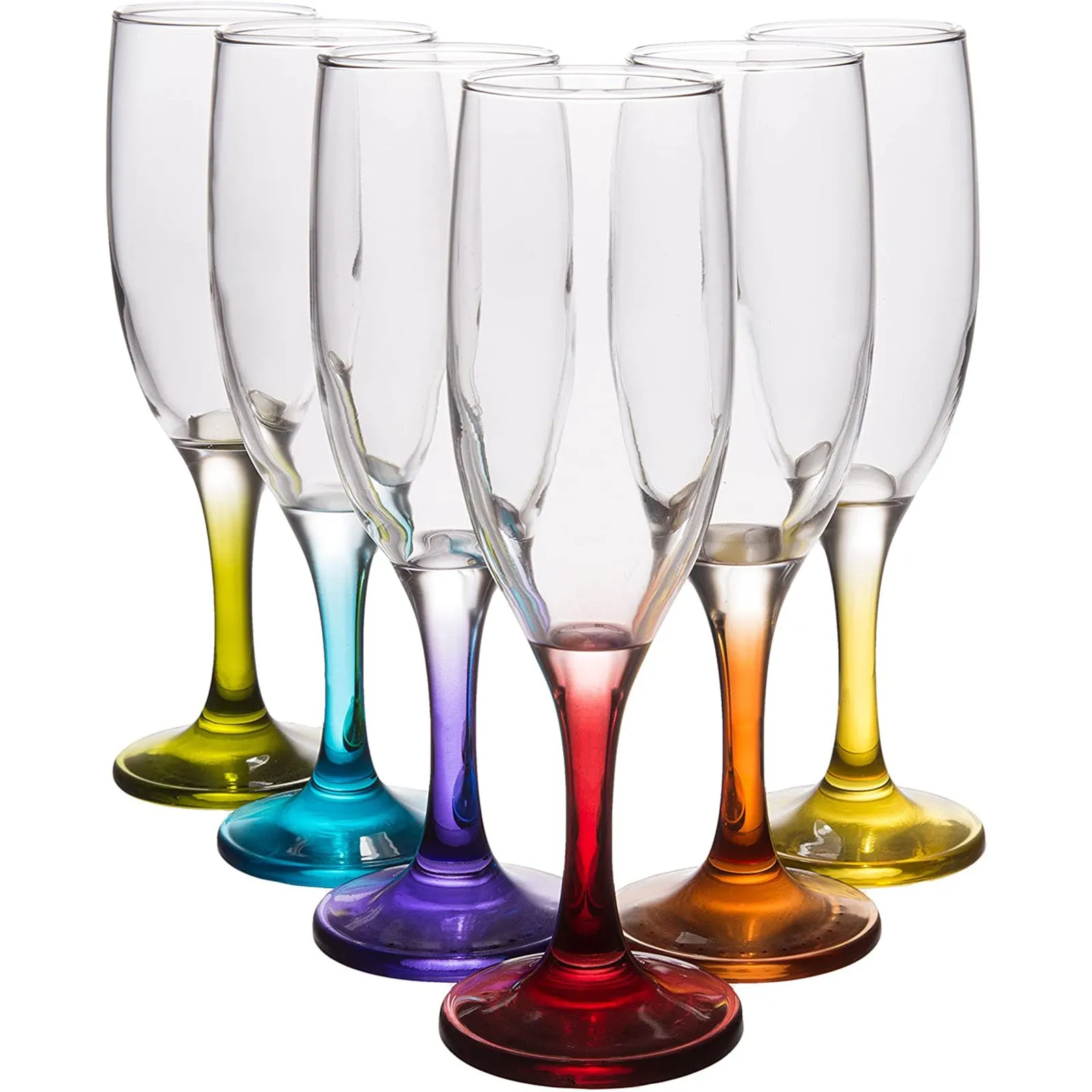 Coral Misket Classic Champagne Flutes, Elegant Crystal Clear Wine Glasses with Colored Stems, Set of 6, 6 fl oz