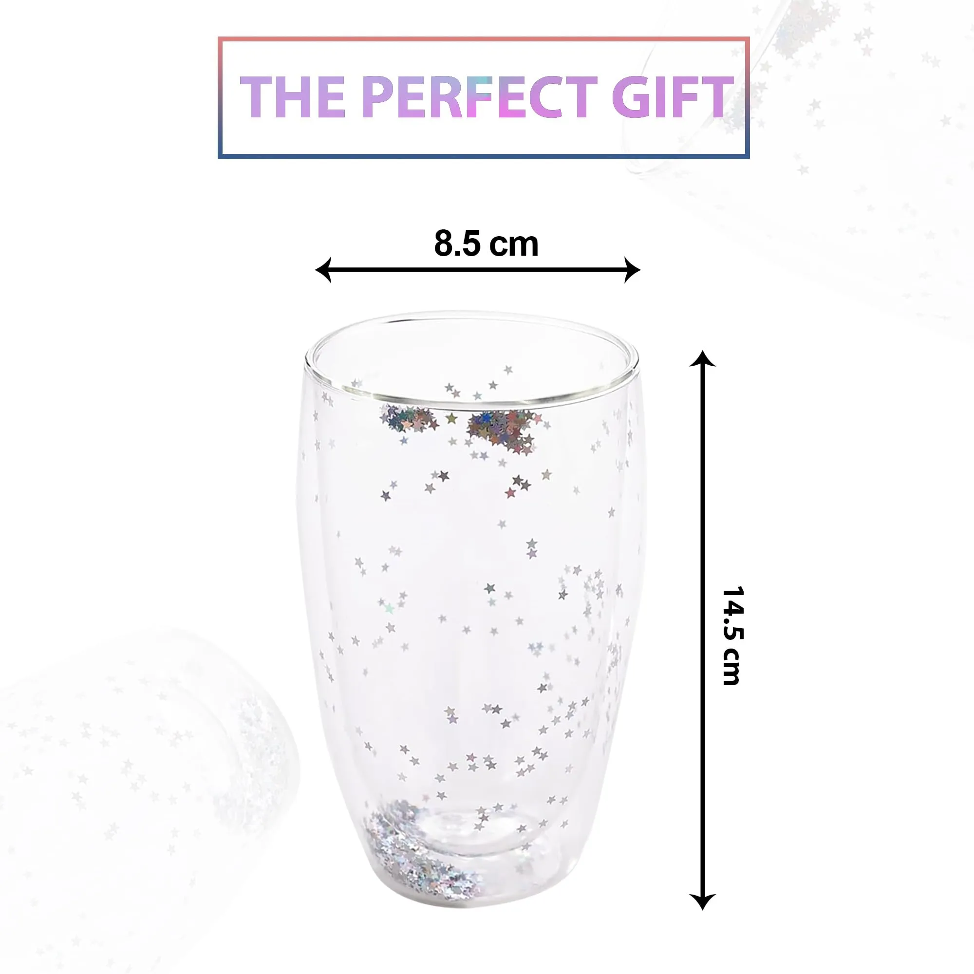 Homestic 2 Pcs Star Sequin Glasses | Double Walled Borosilicate Glass | High Thermal Resistance | Microwave & Dishwasher Safe | 450 ML | Pack of 1 | Transparent