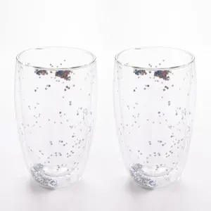 Homestic 2 Pcs Star Sequin Glasses | Double Walled Borosilicate Glass | High Thermal Resistance | Microwave & Dishwasher Safe | 450 ML | Pack of 1 | Transparent