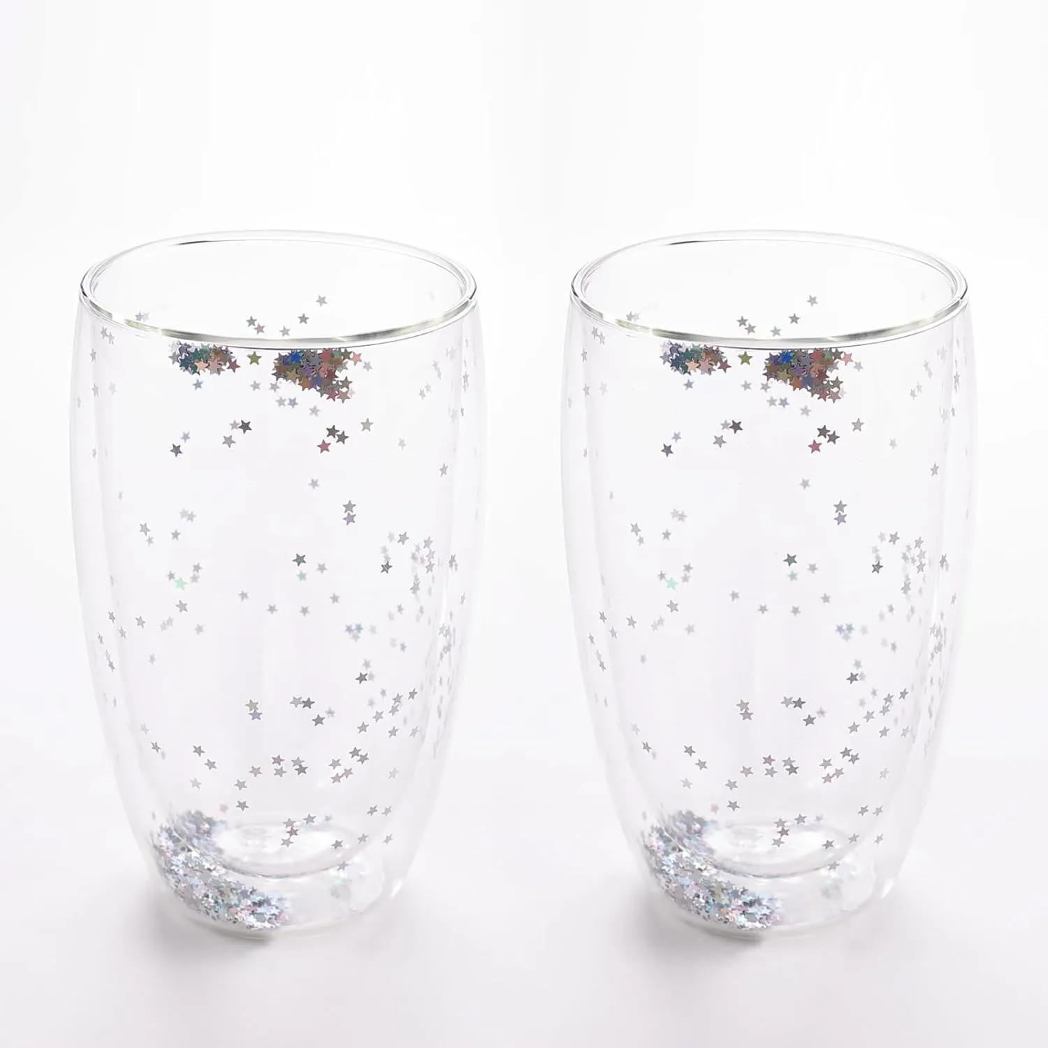 Homestic 2 Pcs Star Sequin Glasses | Double Walled Borosilicate Glass | High Thermal Resistance | Microwave & Dishwasher Safe | 450 ML | Pack of 1 | Transparent