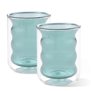 Homestic 2 Pcs Waved Shape Glasses | Double Walled Borosilicate Glass | High Thermal Resistance | Microwave & Dishwasher Safe | 200 ML | Pack of 1 | Green