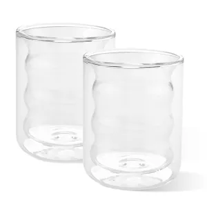 Homestic 2 Pcs Waved Shape Glasses | Double Walled Borosilicate Glass | High Thermal Resistance | Microwave & Dishwasher Safe | 200 ML | Pack of 1 | Transparent