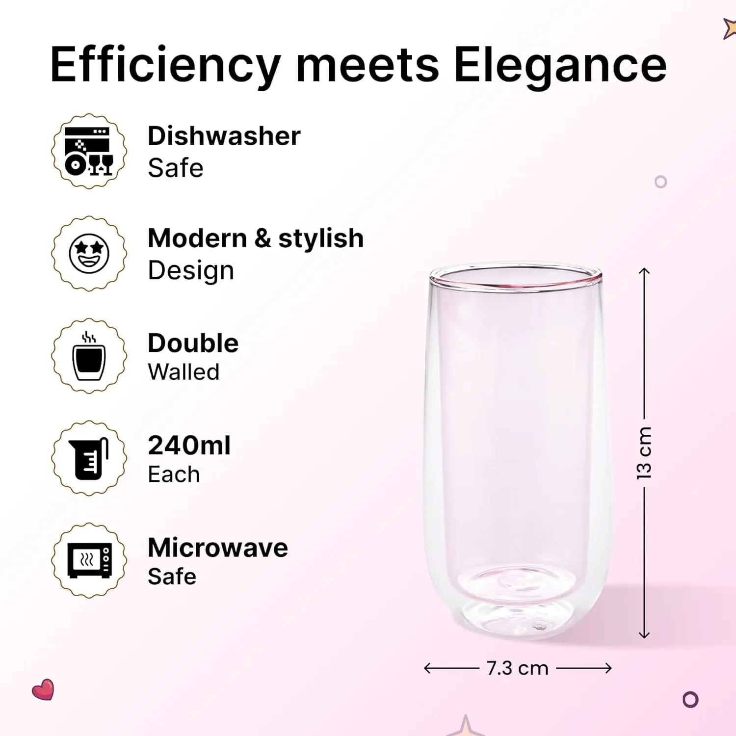 Kuber Industries 12 Pcs Double Walled Borosilicate Glass | High Thermal Resistance | Microwave & Dishwasher Safe | 240 ML | Pack of 6 | Pink