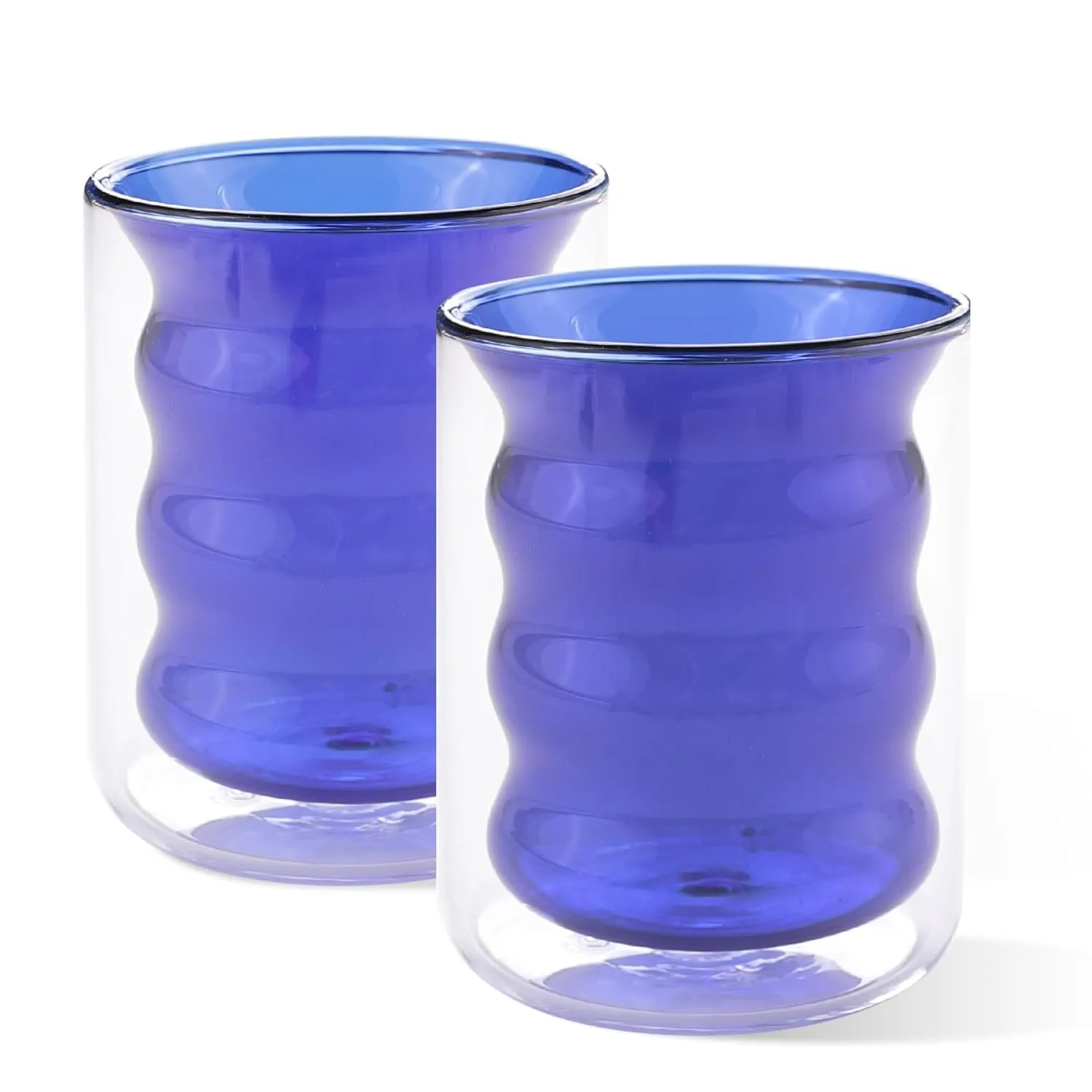 Kuber Industries 12 Pcs Waved Shape Glasses | Double Walled Borosilicate Glass | High Thermal Resistance | Microwave & Dishwasher Safe | 200 ML | Pack of 6 | Blue