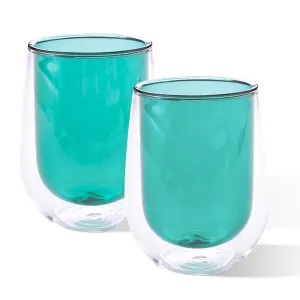 Kuber Industries 4 Pcs Double Walled Borosilicate Glass | High Thermal Resistance | Microwave & Dishwasher Safe | 190 ML | Pack of 2 | Green