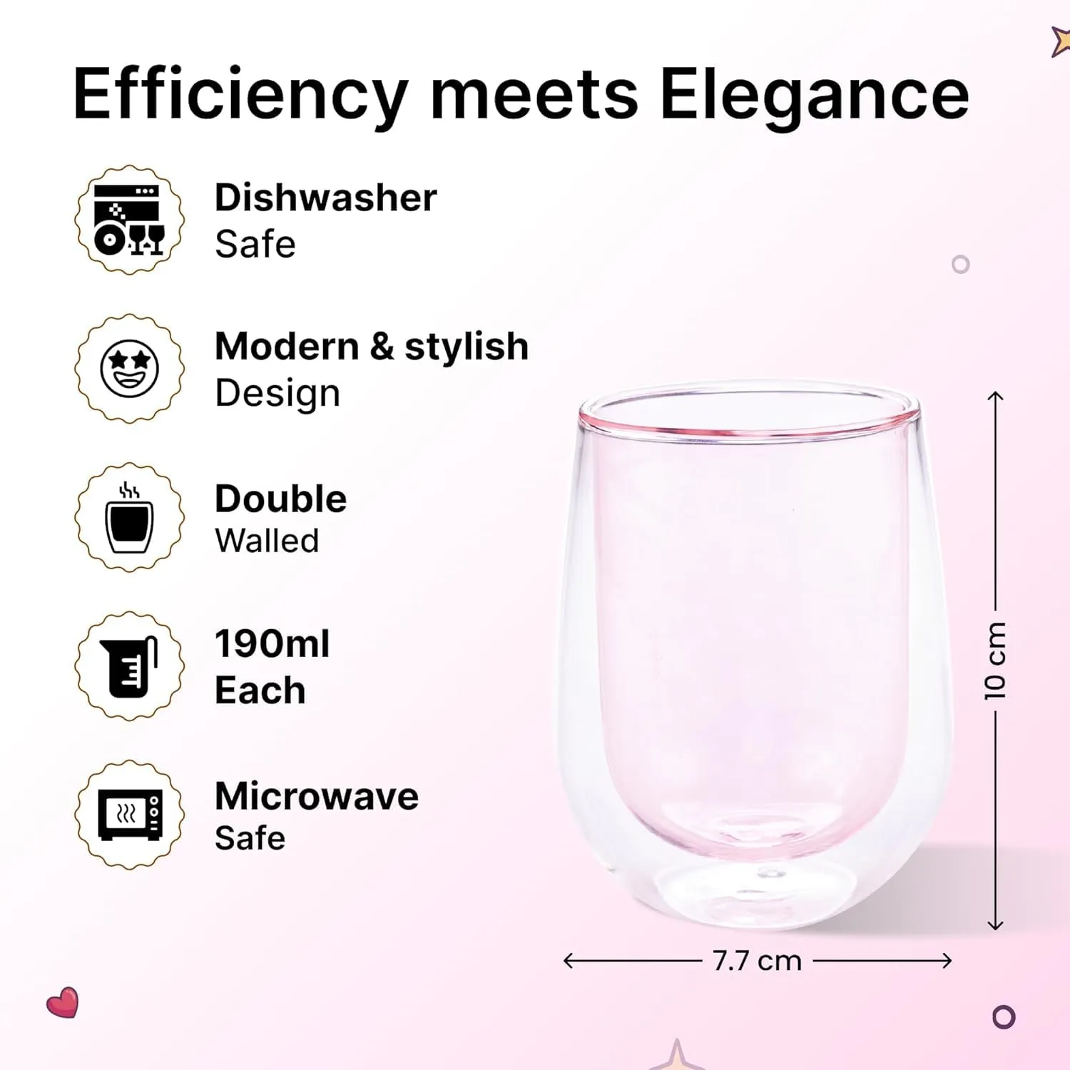 Kuber Industries 4 Pcs Double Walled Borosilicate Glass | High Thermal Resistance | Microwave & Dishwasher Safe | 190 ML | Pack of 2 | Pink