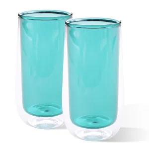 Kuber Industries 4 Pcs Double Walled Borosilicate Glass | High Thermal Resistance | Microwave & Dishwasher Safe | 240 ML | Pack of 2 | Green