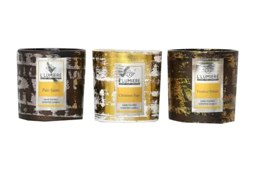 L'LUMIERE by Aggarwal Candle Craft N Arts | Luxury Crafted Texture Scented Glass Candle Gift Pack | Pack of 3| Tropical Susnet, White Sage, Palo Santo