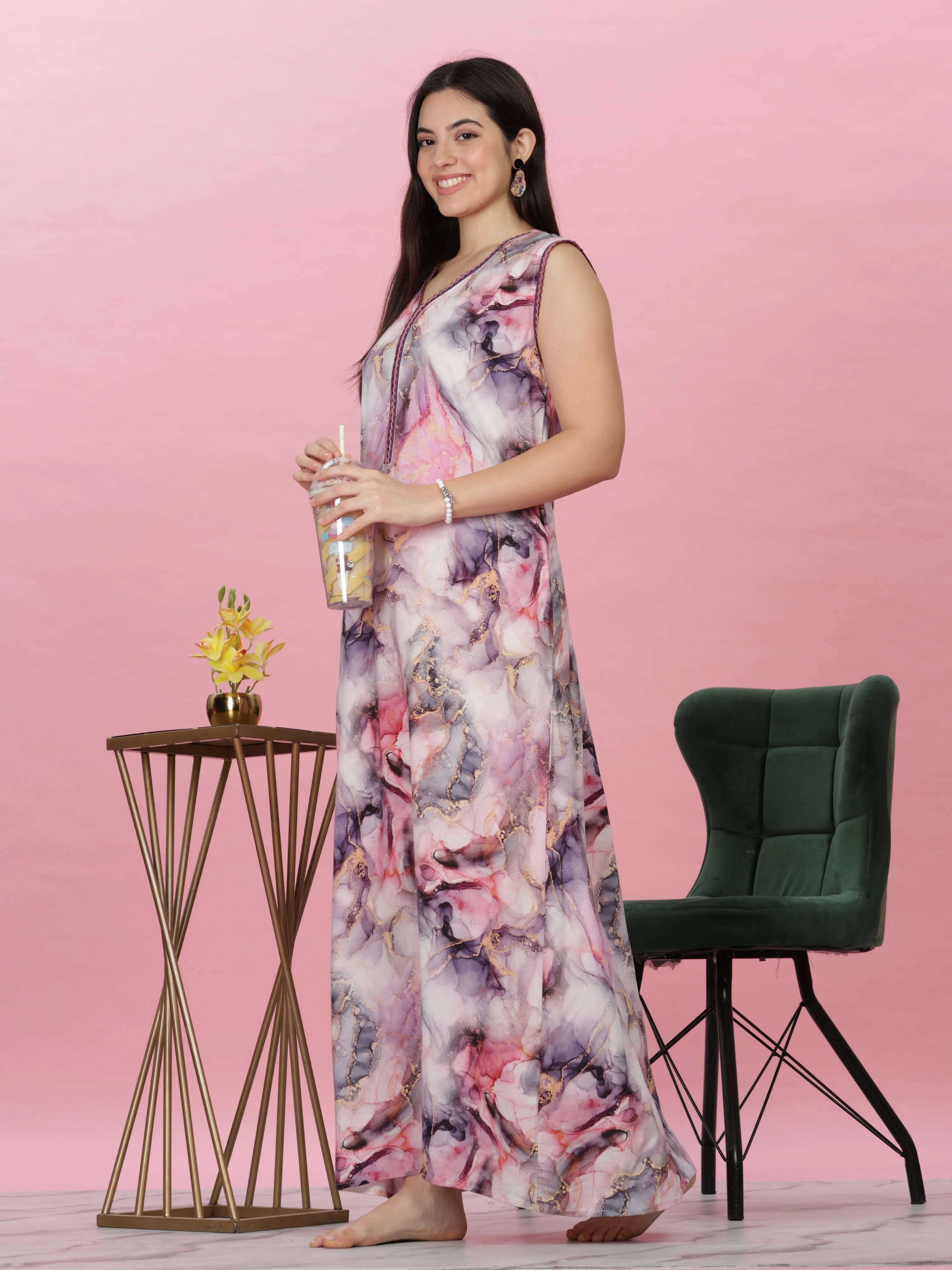 Marble Pink Rayon Maxi Nighty - Elegant Sleeveless Women's Nightwear