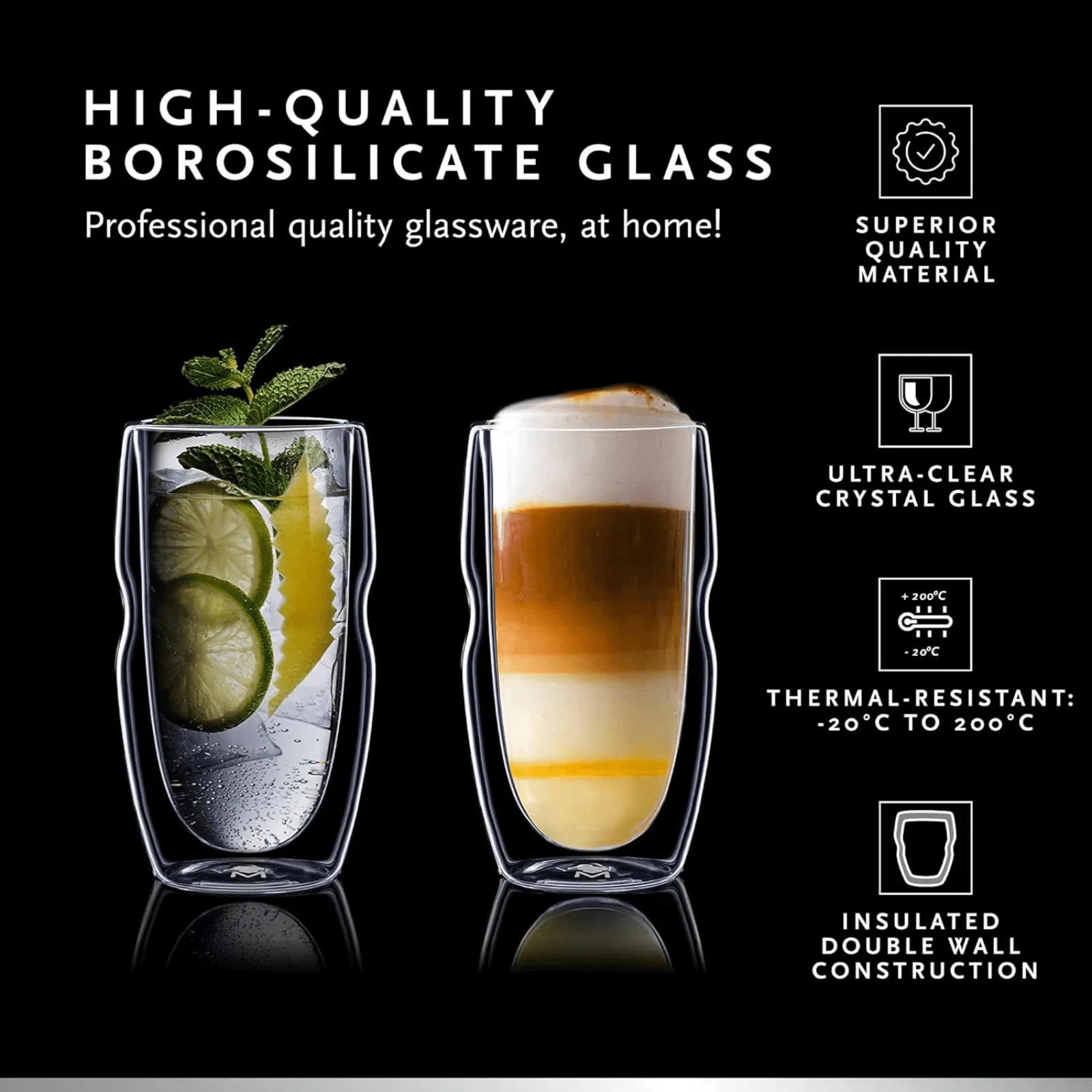 MasterPro Set of 2 Double Wall Borosilicate High Glass 540ml