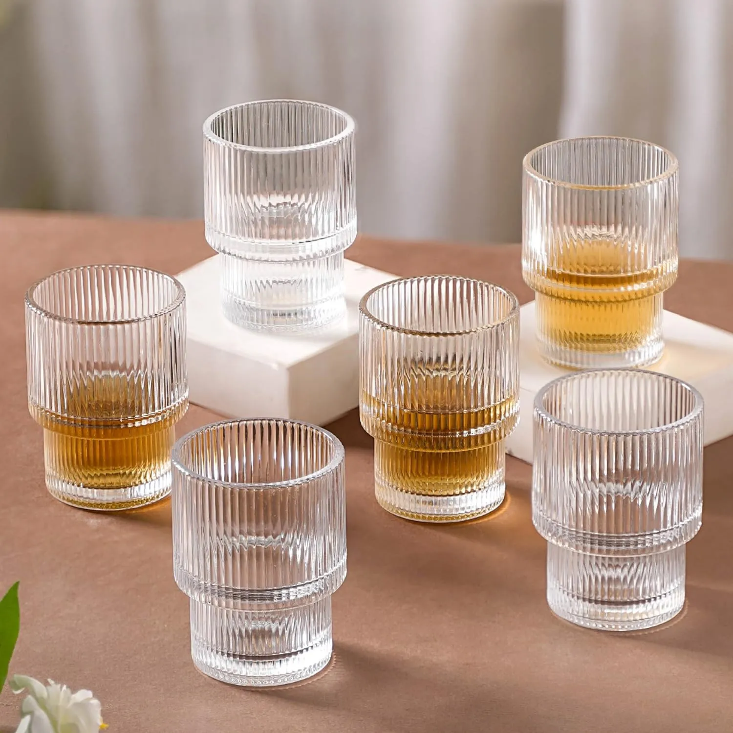 Nestasia Stackable Ribbed Drinking Glasses Set Of 6 (200Ml Each) | Ideal For Water, Juice, Mocktails, And Cocktails | Perfect For Gifting, Transparent