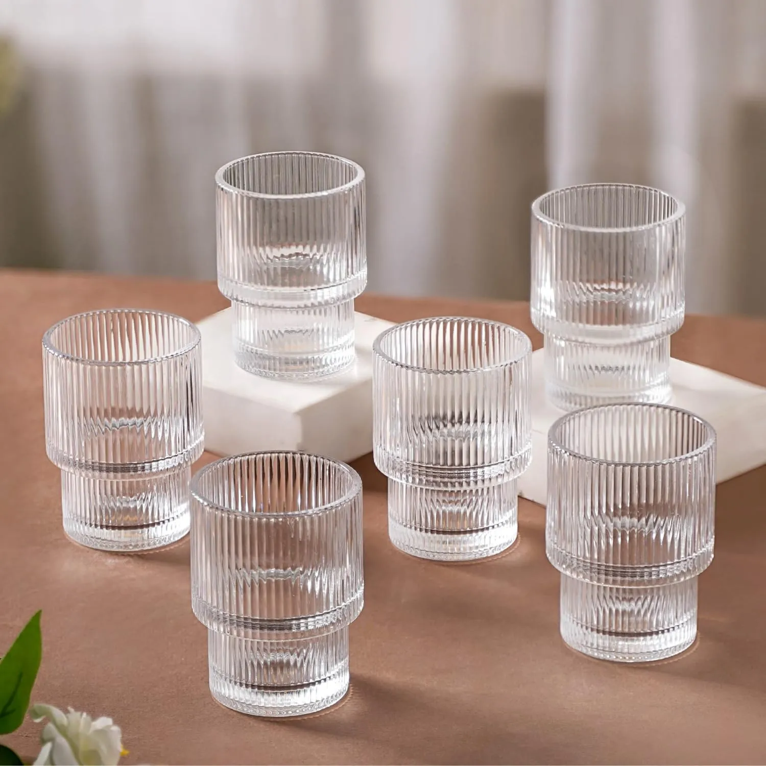 Nestasia Stackable Ribbed Drinking Glasses Set Of 6 (200Ml Each) | Ideal For Water, Juice, Mocktails, And Cocktails | Perfect For Gifting, Transparent