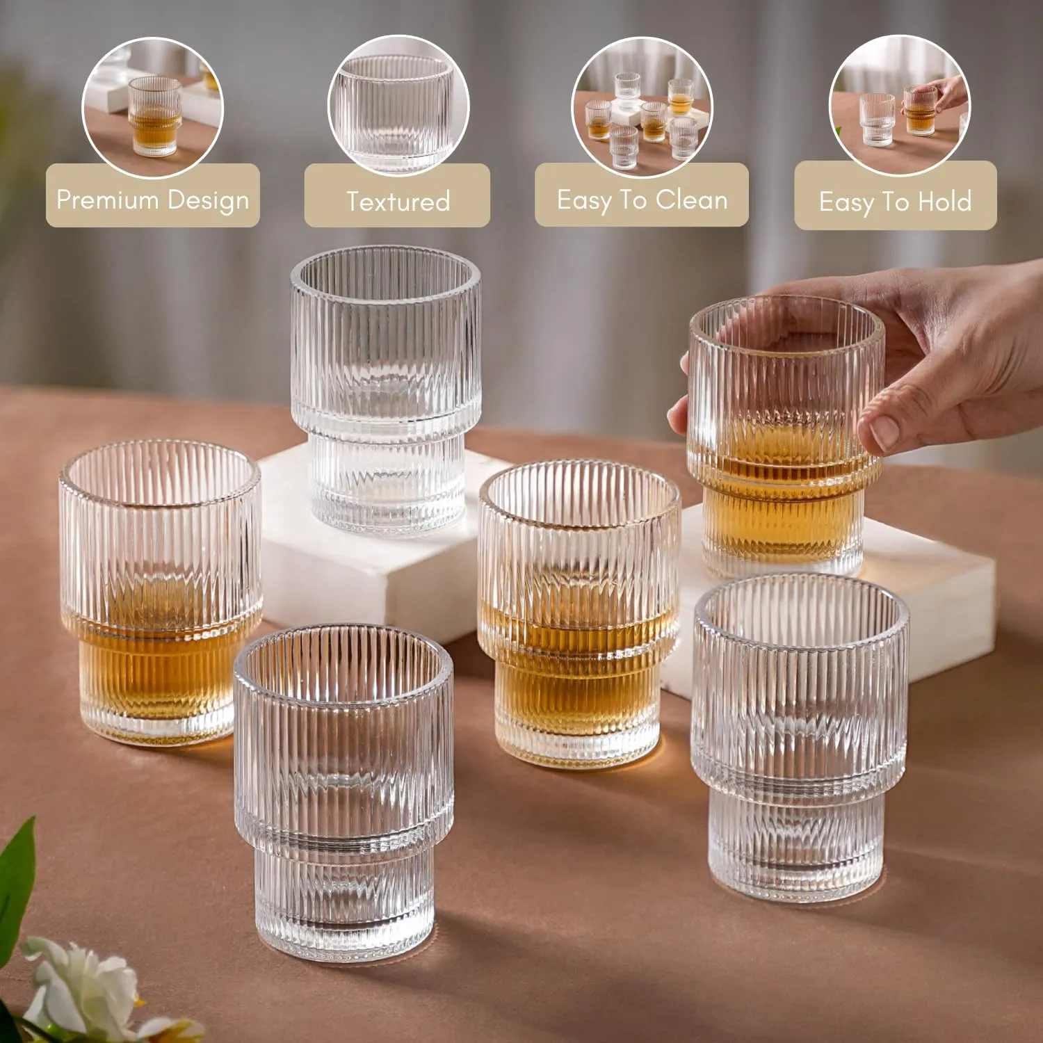 Nestasia Stackable Ribbed Drinking Glasses Set Of 6 (200Ml Each) | Ideal For Water, Juice, Mocktails, And Cocktails | Perfect For Gifting, Transparent