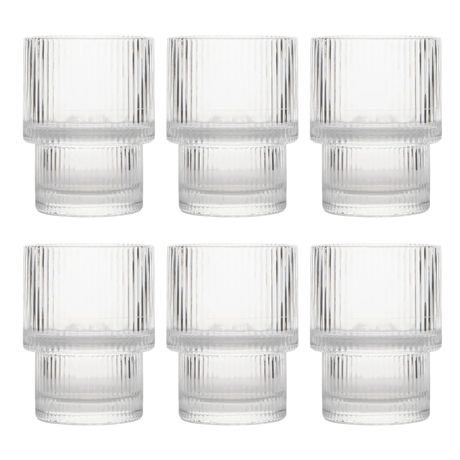 Nestasia Stackable Ribbed Drinking Glasses Set Of 6 (200Ml Each) | Ideal For Water, Juice, Mocktails, And Cocktails | Perfect For Gifting, Transparent