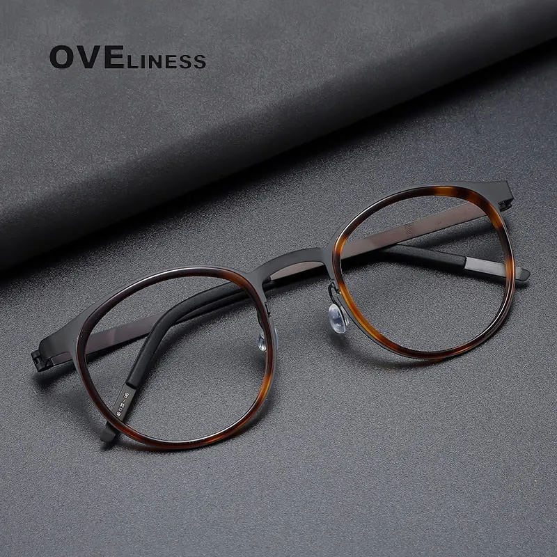 Oveliness Men's Full Rim Round Acetate Titanium Eyeglasses 9704