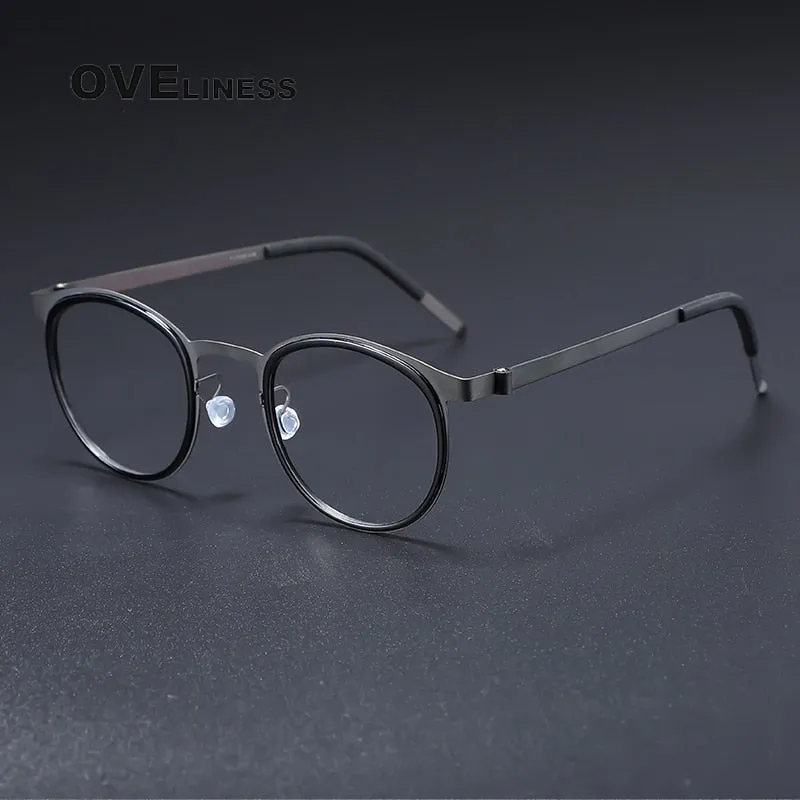 Oveliness Men's Full Rim Round Acetate Titanium Eyeglasses 9704