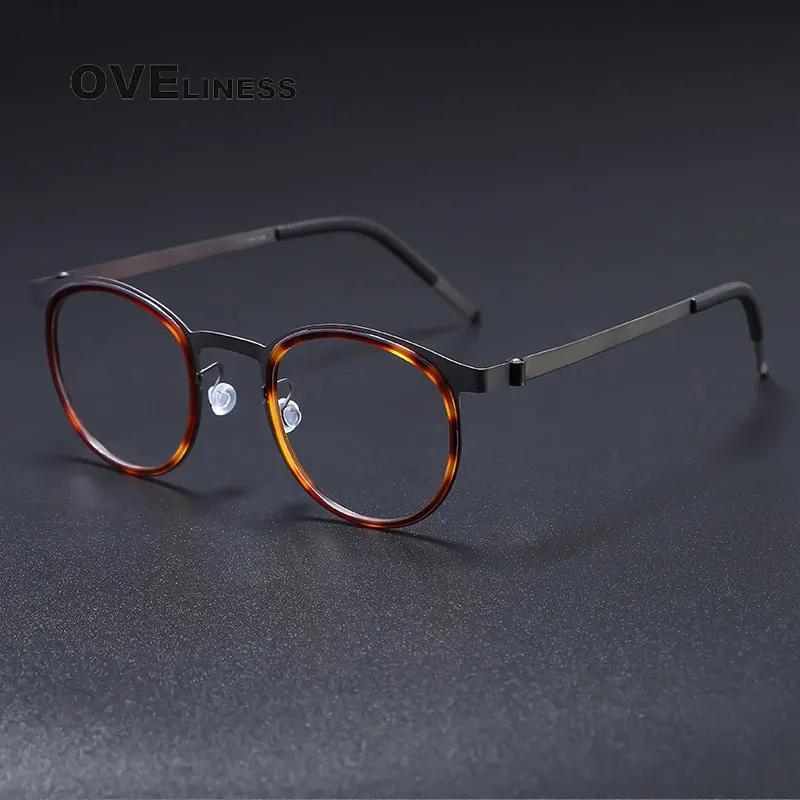 Oveliness Men's Full Rim Round Acetate Titanium Eyeglasses 9704