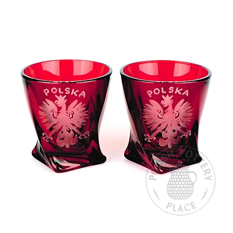 Pair of 2.25" Modern Shot Glasses - Burgundy Polish Eagle Design