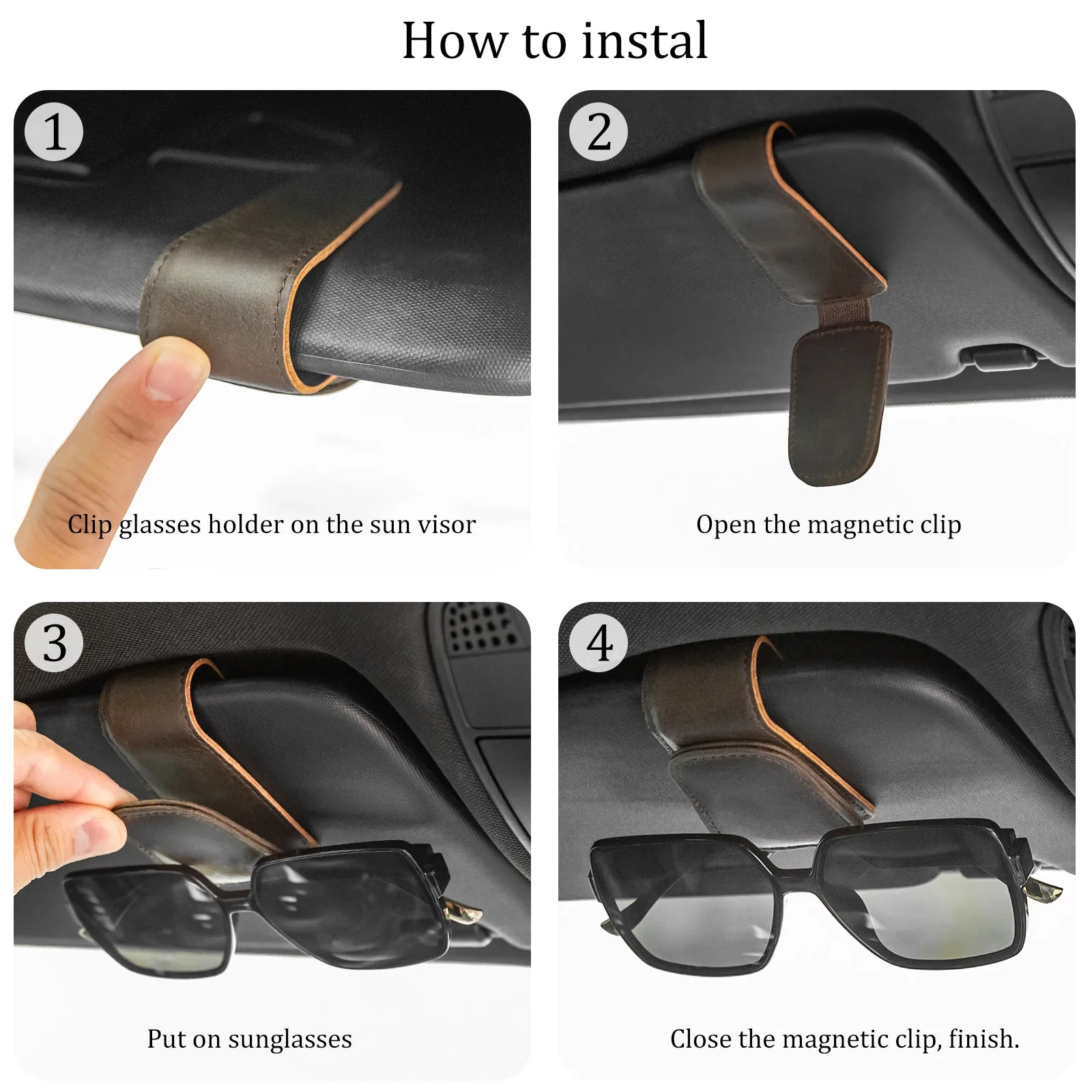 Polare Full Grain Leather Sunglasses Holder for Car Visor Sunglasses Clip Magnetic Leather Glasses Eyeglass Holder Universal Truck Car Interior Accessories, 1 Pack