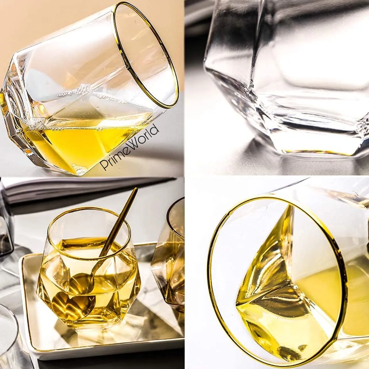 PrimeWorld Diamond Whiskey Glasses 300 ml Set of 6 Pcs, Gold Banded Glassware, Modern Ideal Glasses for- Rocks, Scotch, Bourbon, Liqueur, Cocktail,Cognac and Other Drinks etc