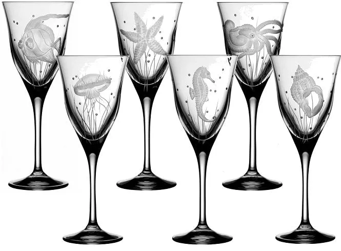 Sea Creatures Hand Engraved Varga Crystal 6-Pc. Water Glass Set