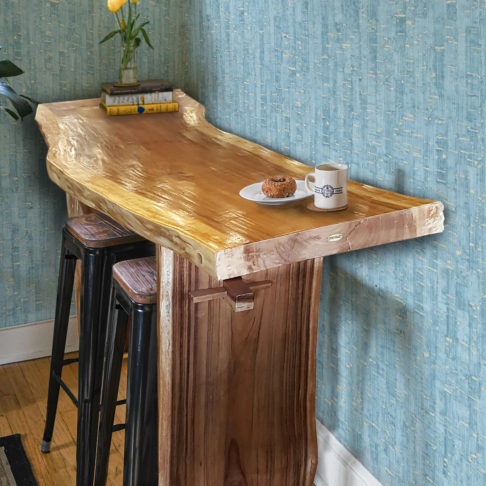 Suar Live Edge Slab Freestanding Bar with Shelf, 79 Inch (choice of table tops)