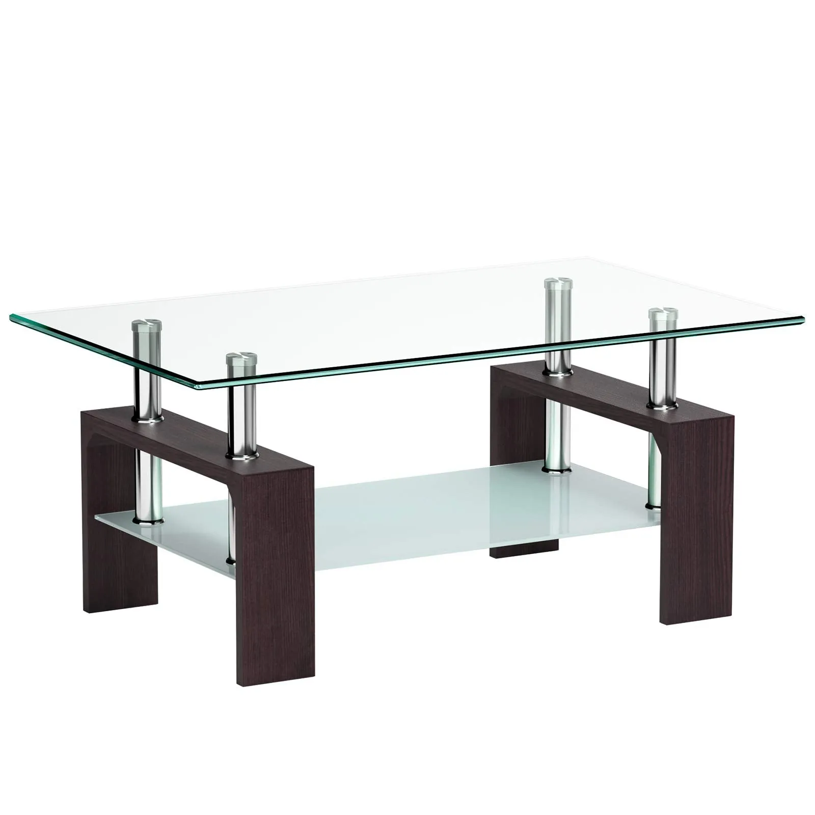 Tangkula Rectangle Glass Coffee Table, 2-Tier Tea Table w/Tempered Glass Tabletop & Stainless Steel Tube