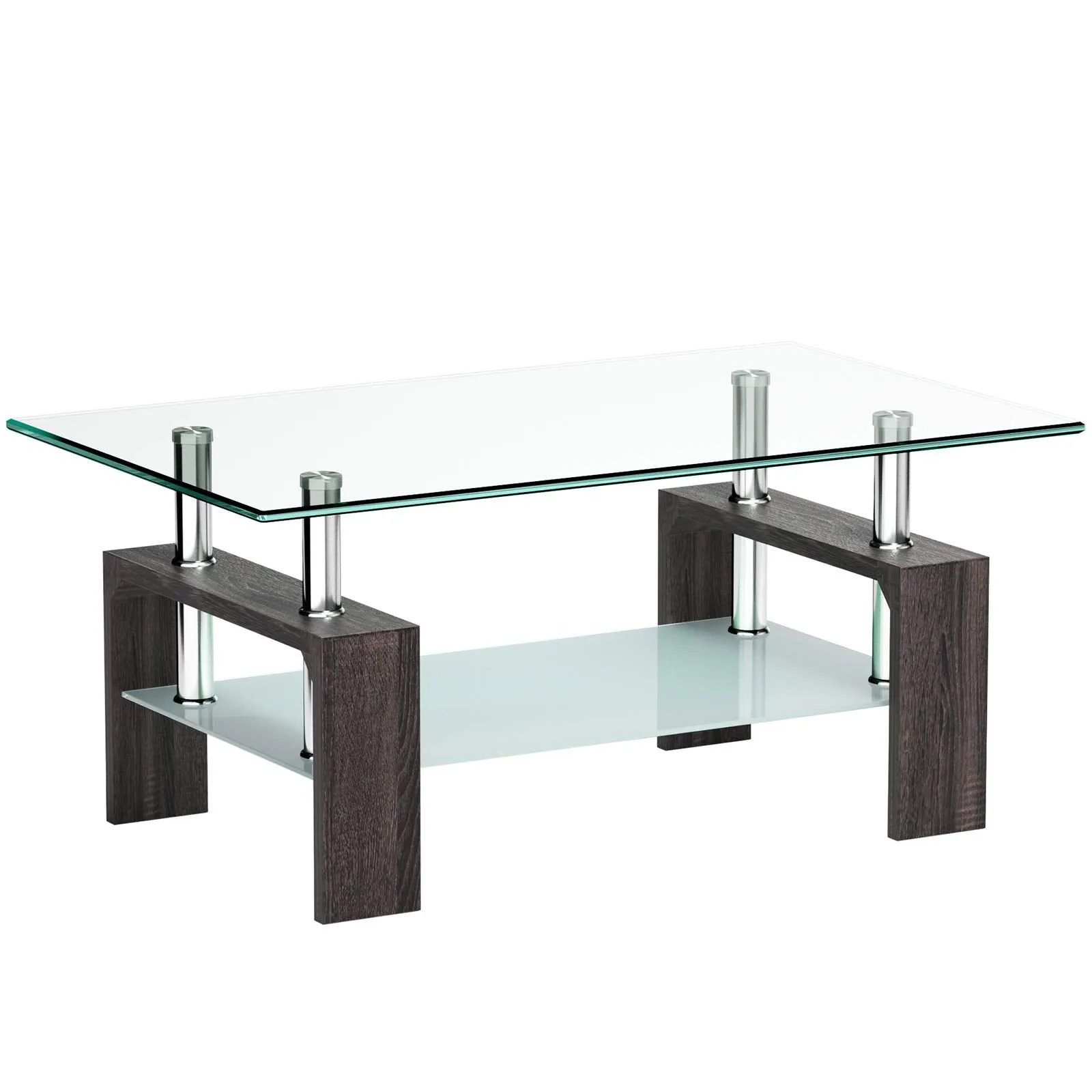 Tangkula Rectangle Glass Coffee Table, 2-Tier Tea Table w/Tempered Glass Tabletop & Stainless Steel Tube