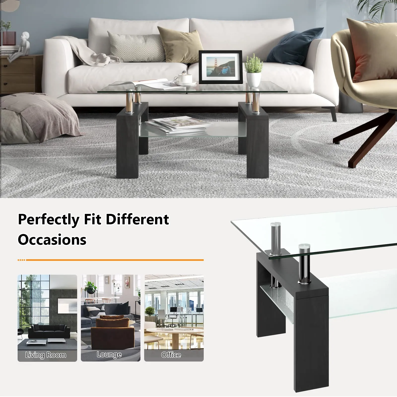 Tangkula Rectangle Glass Coffee Table, 2-Tier Tea Table w/Tempered Glass Tabletop & Stainless Steel Tube