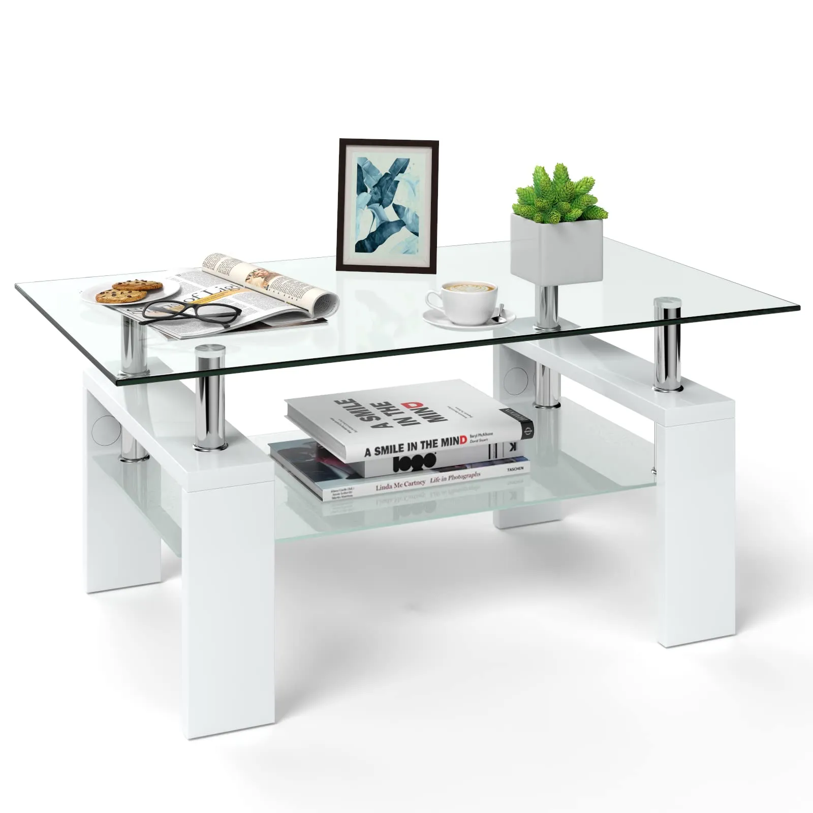 Tangkula Rectangle Glass Coffee Table, 2-Tier Tea Table w/Tempered Glass Tabletop & Stainless Steel Tube