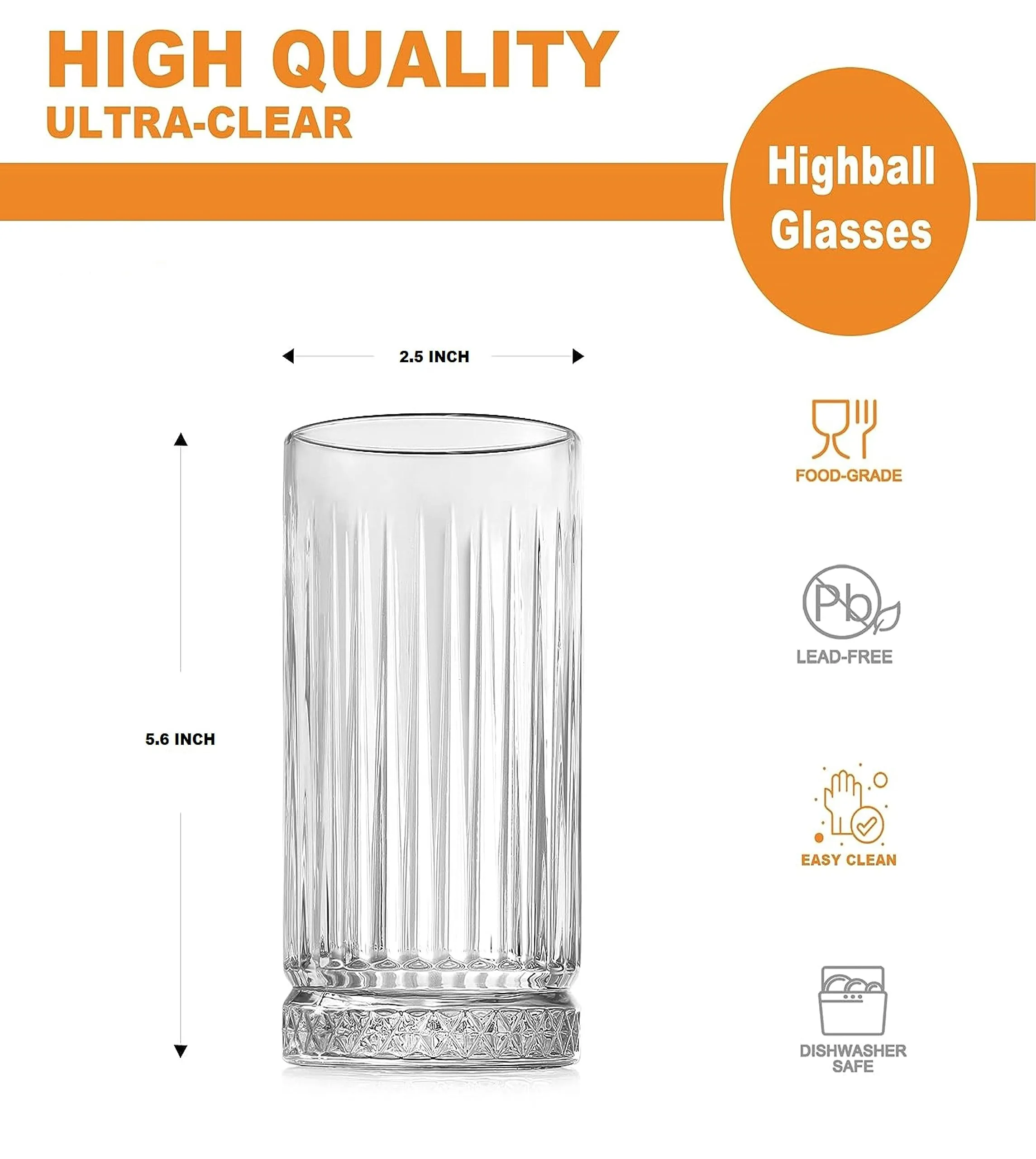 TIENER Italian Premium Juice and Water Glass Stylish Crystal Highball Drinking Glasses for Water, Juice, Milk, lassi, Cocktails | Pack of 6 | 275 ML | Transpharant