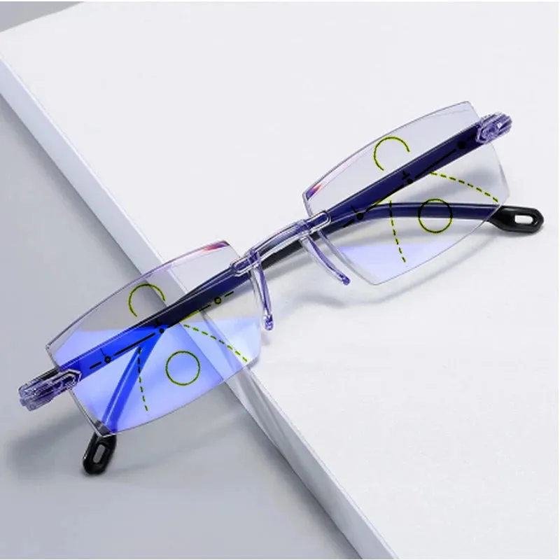 Ultralight Rimless Diamond-cut Bifocal Blue Light Blocking Multifocal Progressive Reading Glasses