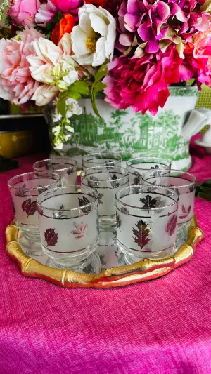 Vintage Glasses, ,Libbey, Mid Century Modern, Frosted Silver Leaf Pattern, Stackable, Set of 8