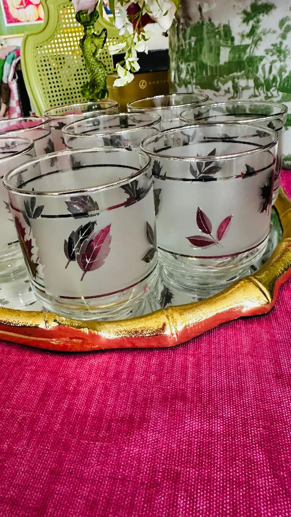 Vintage Glasses, ,Libbey, Mid Century Modern, Frosted Silver Leaf Pattern, Stackable, Set of 8