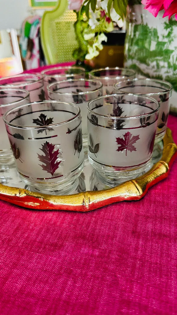 Vintage Glasses, ,Libbey, Mid Century Modern, Frosted Silver Leaf Pattern, Stackable, Set of 8