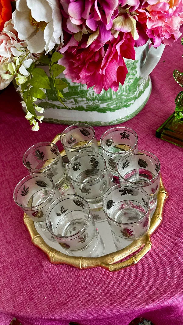 Vintage Glasses, ,Libbey, Mid Century Modern, Frosted Silver Leaf Pattern, Stackable, Set of 8