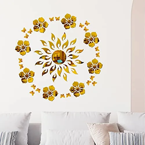 wakai visual Sun 8 Flower Silver 20 Butterfly Wall Mirrors|Acrylic Stickers|Mirrors|Wall Mirror Stickers|Stickers for Wall|Sticker Mirror|Mirror for Wall|Mirror Stickers.(W-56)