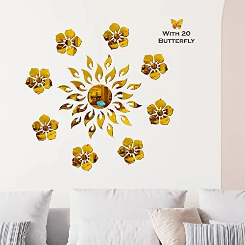 wakai visual Sun 8 Flower Silver 20 Butterfly Wall Mirrors|Acrylic Stickers|Mirrors|Wall Mirror Stickers|Stickers for Wall|Sticker Mirror|Mirror for Wall|Mirror Stickers.(W-56)