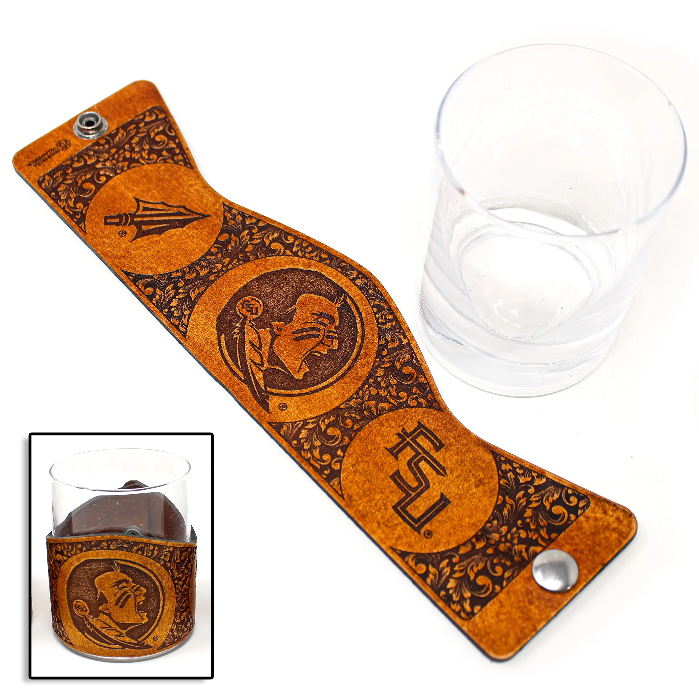 Whiskey Glass Leather Wrap - FSU Seminole Rocks Glass