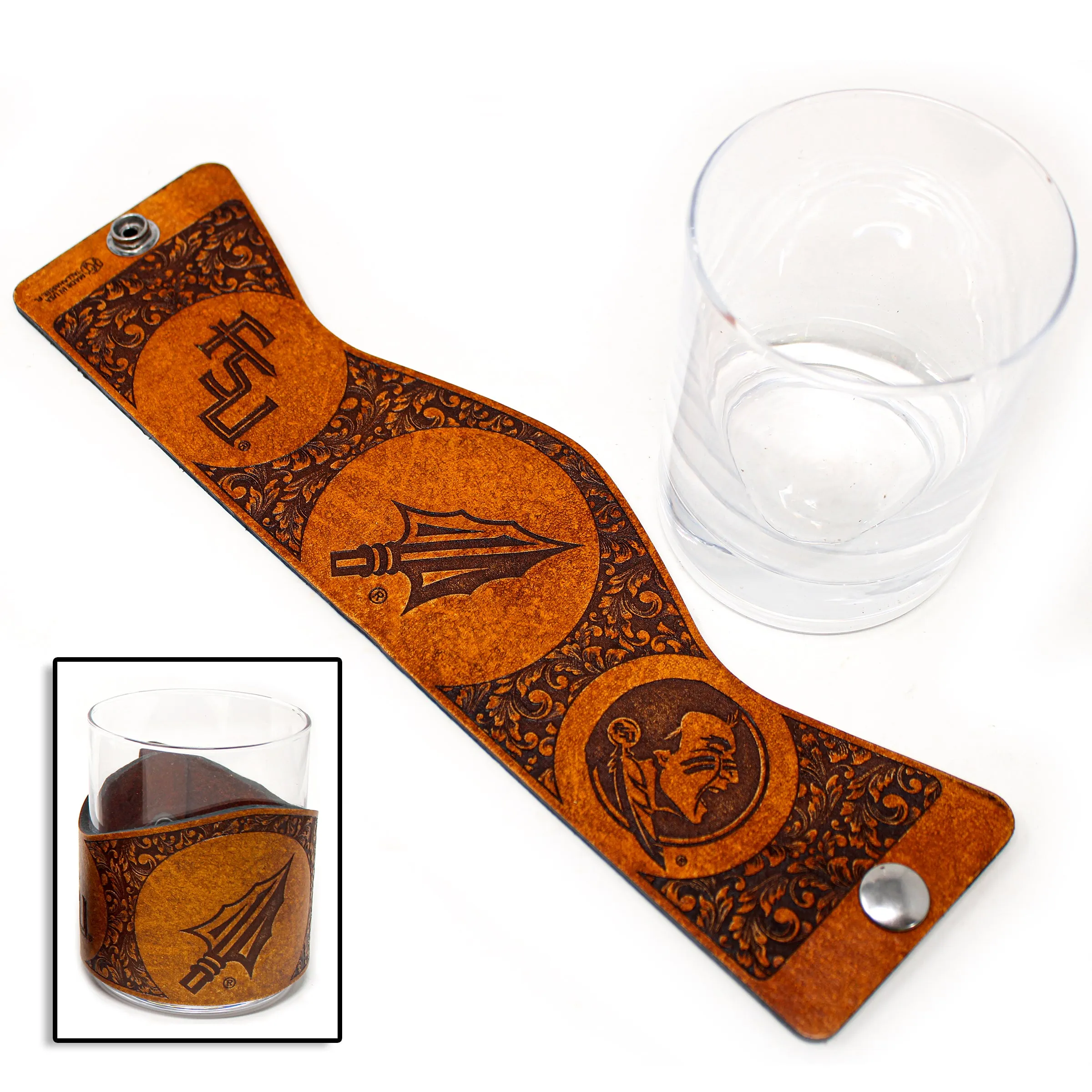 Whiskey Glass Leather Wrap - FSU Spear Rocks Glass