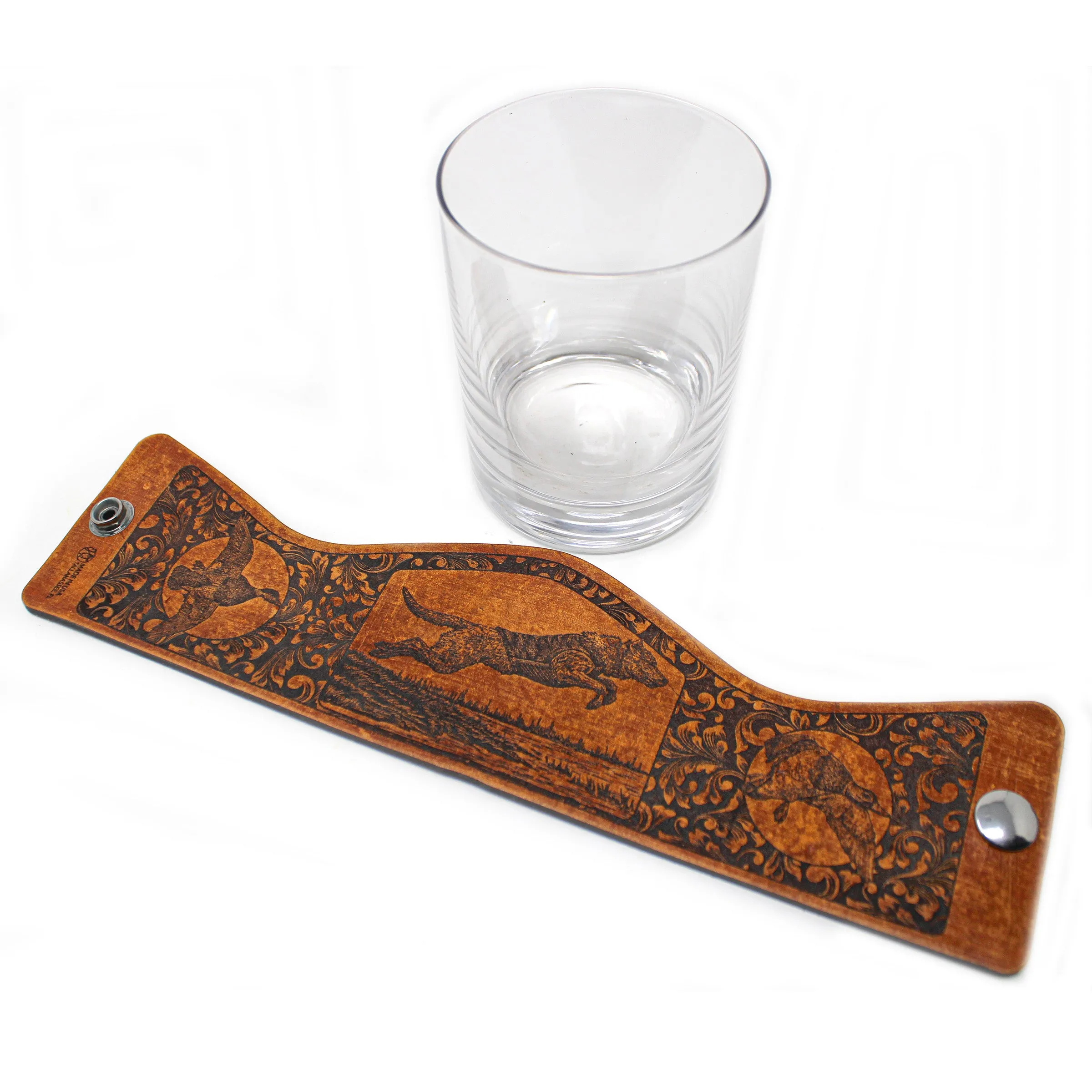 Whiskey Glass Leather Wrap - Jumping Lab Bird Dog Rocks Glass