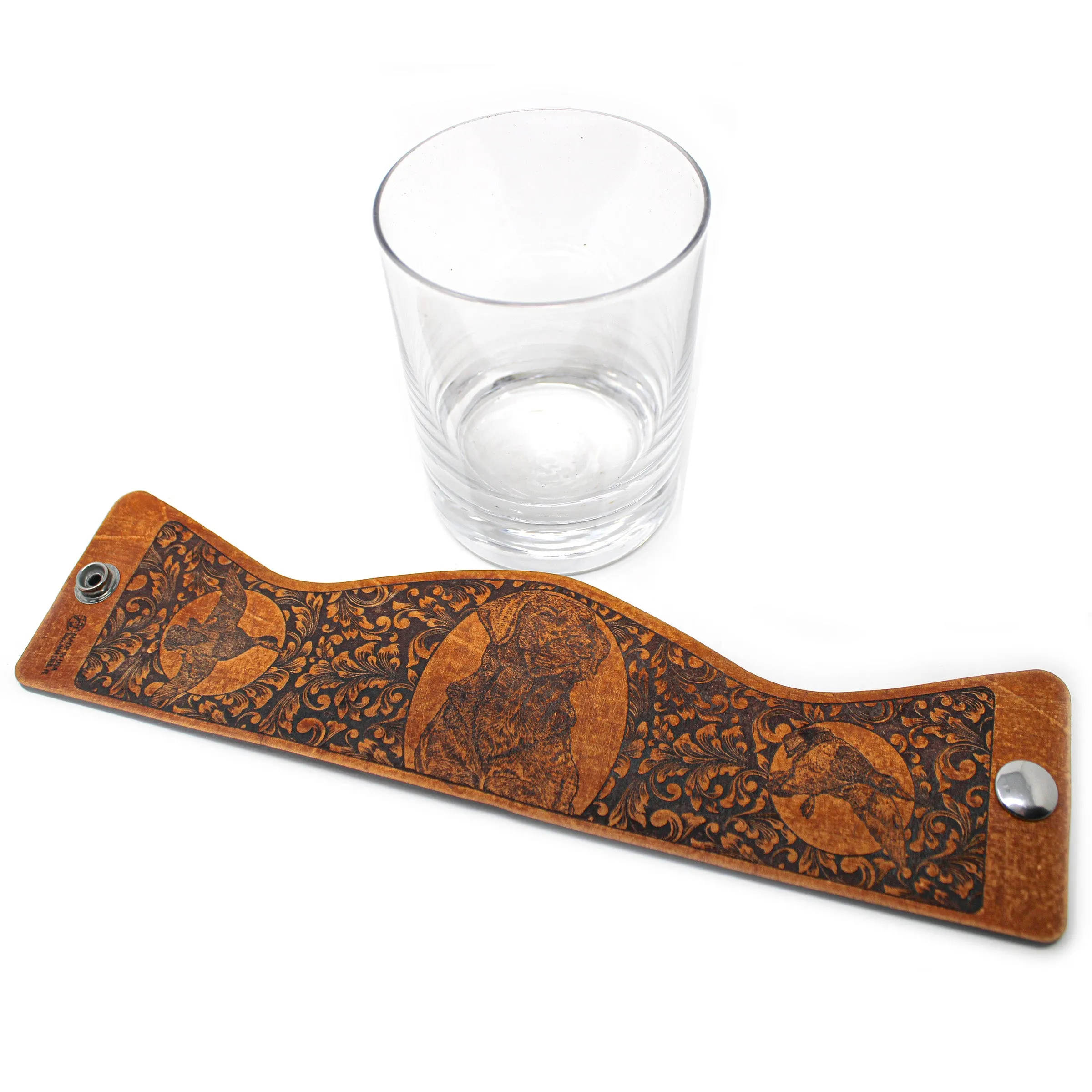 Whiskey Glass Leather Wrap - Lab Bird Dog Rocks Glass