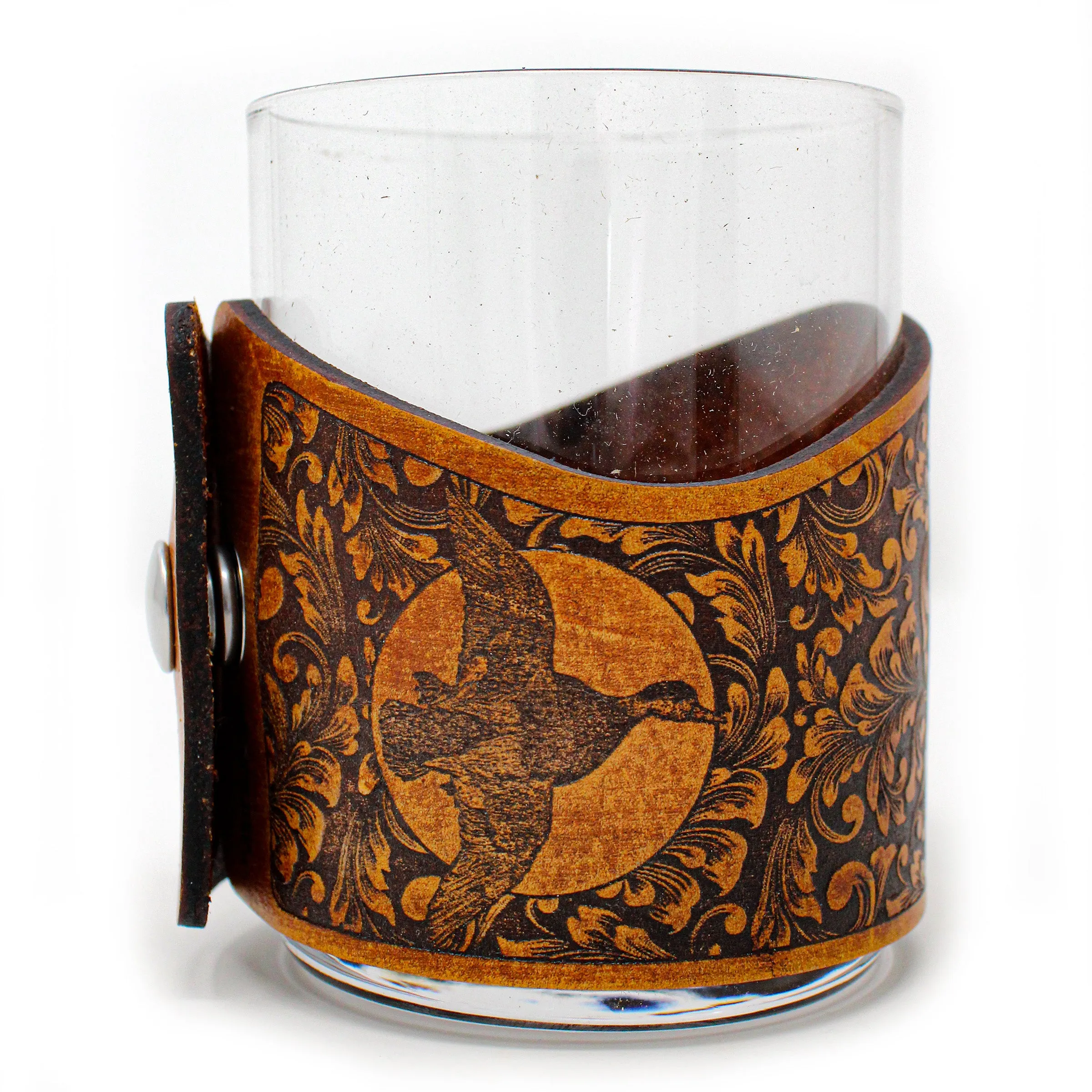 Whiskey Glass Leather Wrap - Lab Bird Dog Rocks Glass